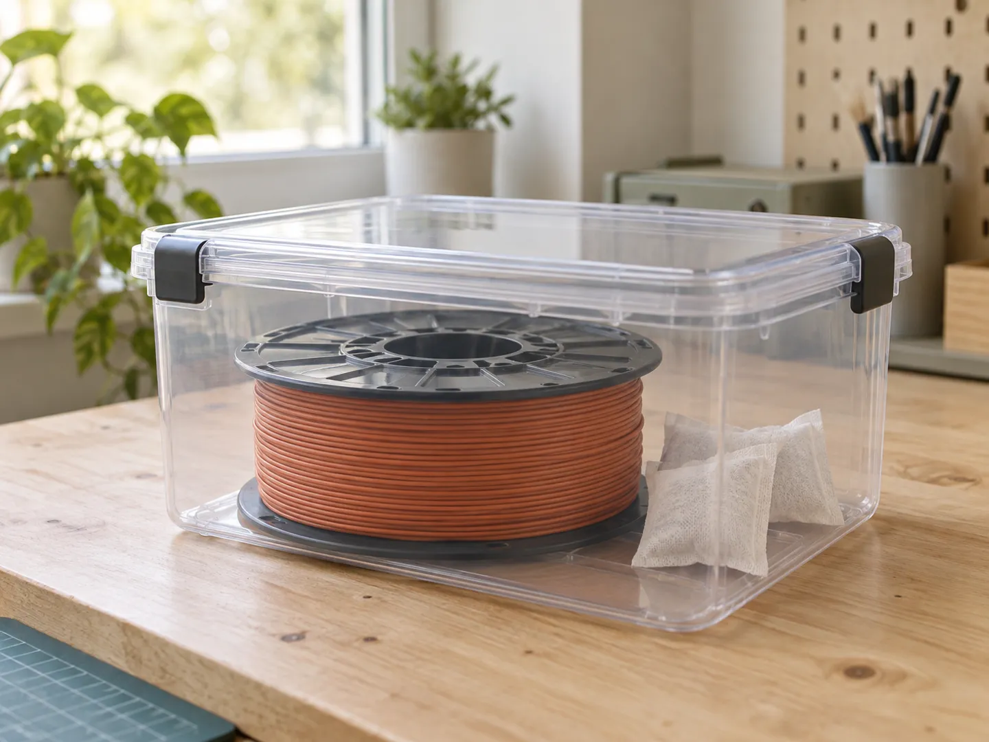 A spool of terracotta filament sealed in a clear airtight box with small white desiccant sachets on a wooden bench