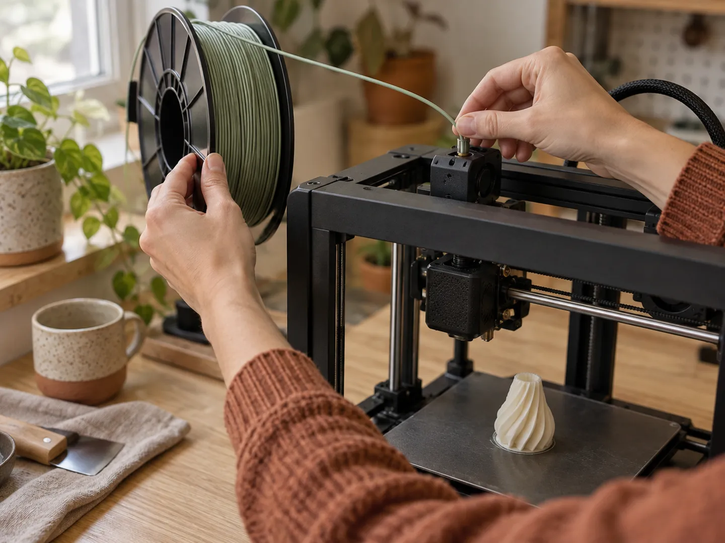 Hands feeding a strand of sage-green filament into the top of a desktop 3D printer