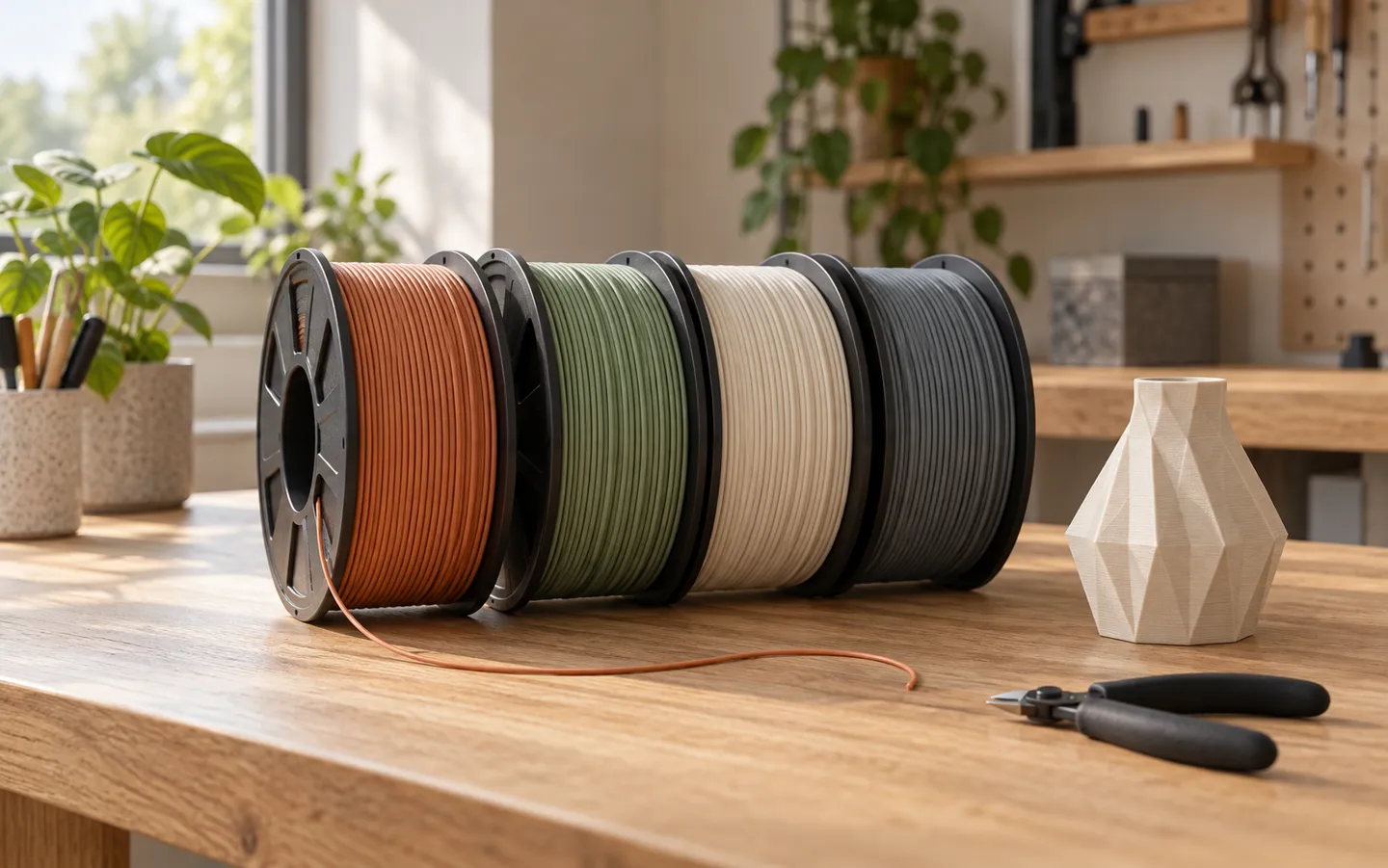 Four spools of 3D-printer filament in terracotta, sage, cream and charcoal lined up on a sunlit wooden workbench beside a small printed vase and side cutters